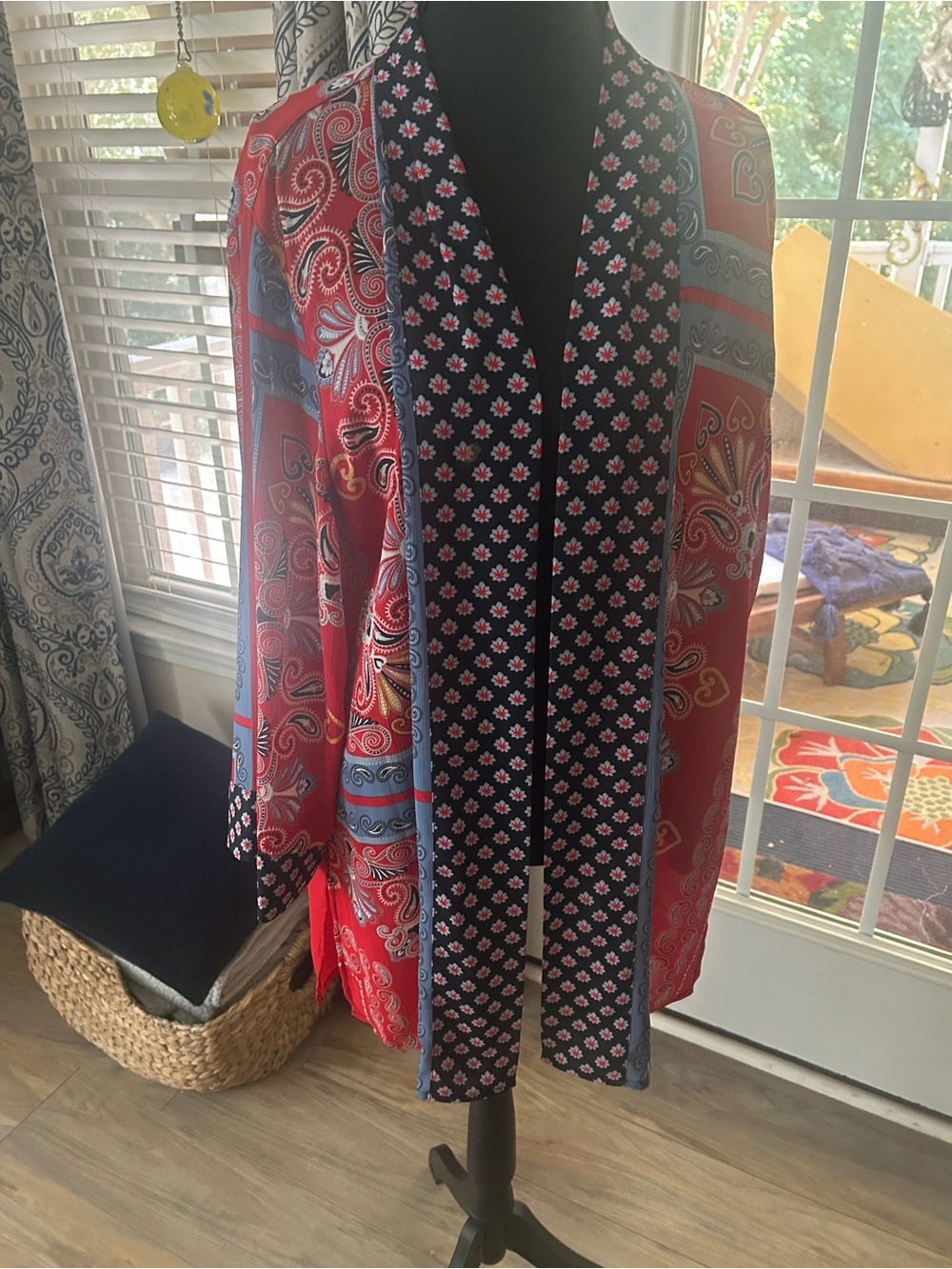 Multiples Red and Blue Striped Paisley Button-Down kimono